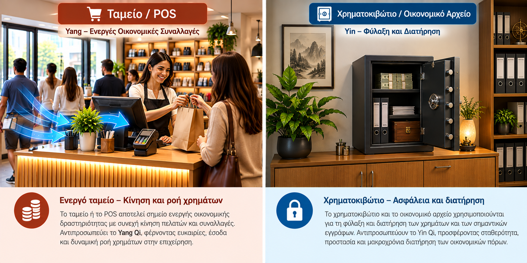 Φενγκ Σούι Γραφείο Business Feng Shui με ενεργό ταμείο και POS για Yang οικονομικές συναλλαγές και χρηματοκιβώτιο για Yin φύλαξη χρημάτων