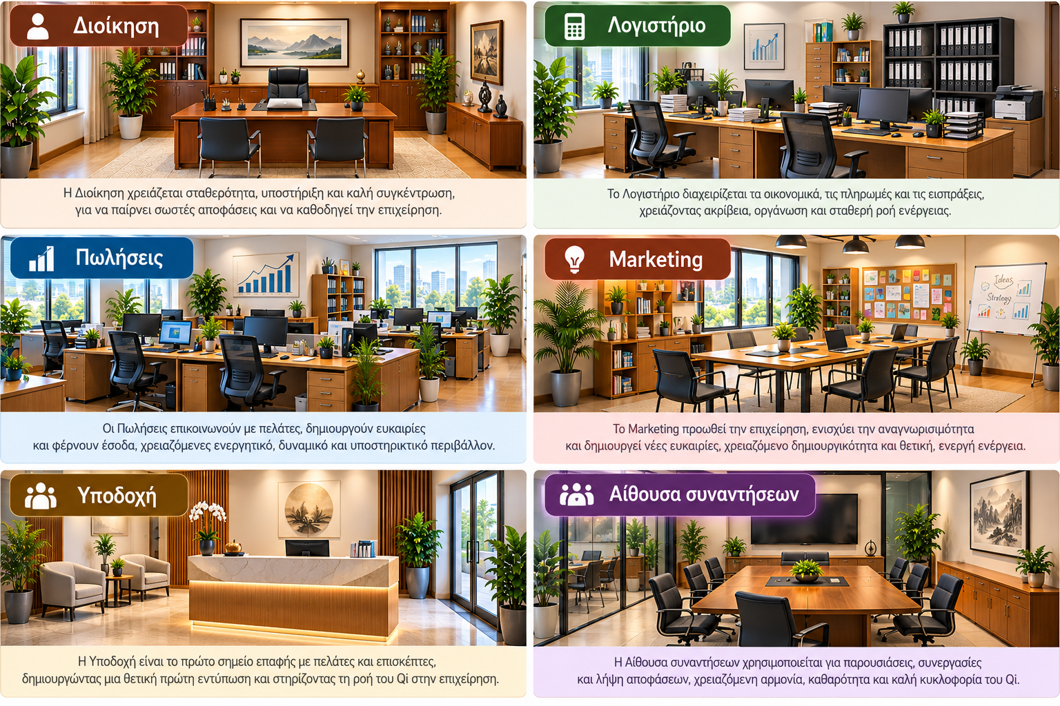 Business Feng Shui με διαφορετικούς χώρους για Διοίκηση, Λογιστήριο, Πωλήσεις, Marketing, Υποδοχή και Αίθουσα Συναντήσεων