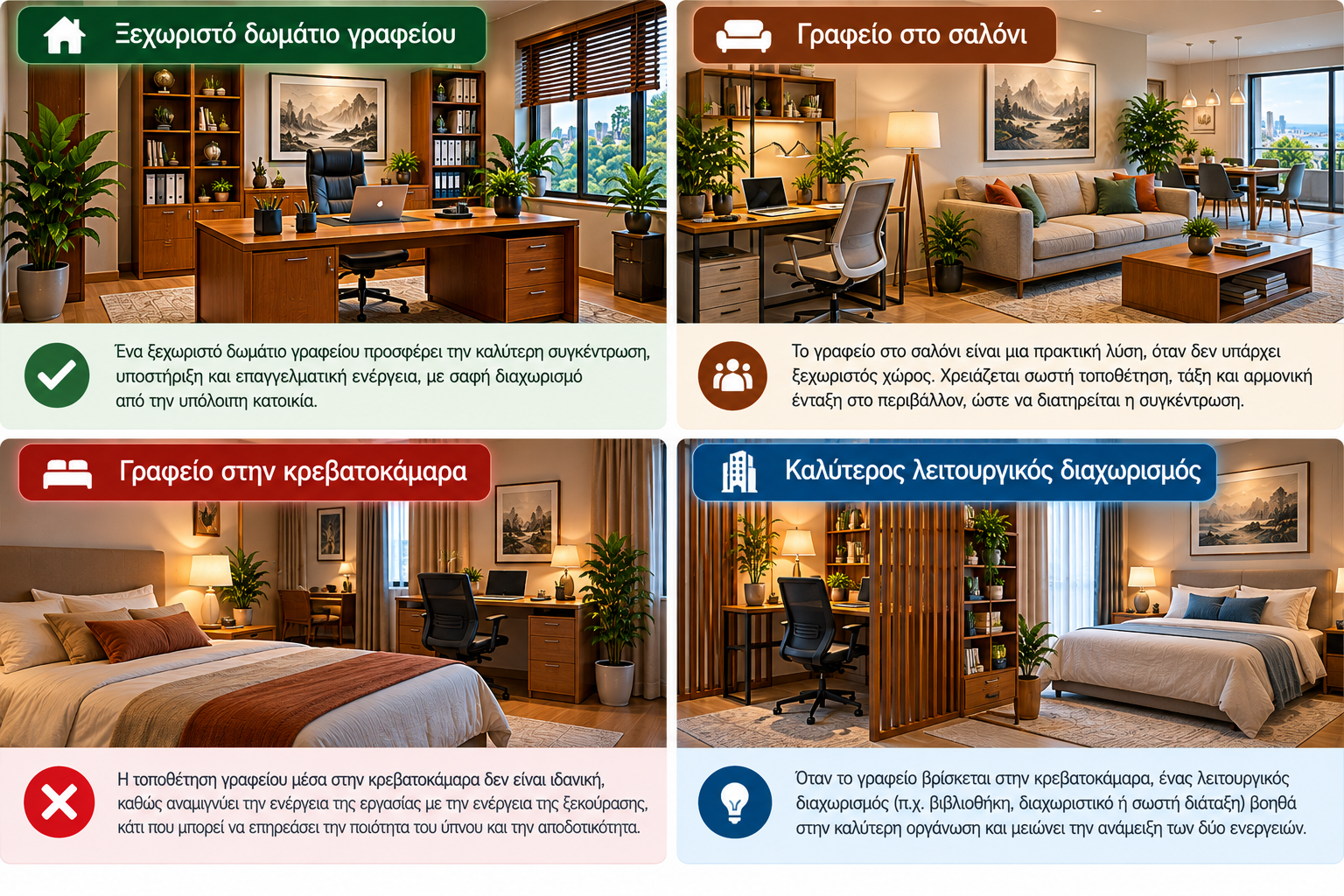 Φενγκ Σούι Γραφείο Home Office με ξεχωριστό γραφείο, θέση εργασίας στο σαλόνι, γραφείο στην κρεβατοκάμαρα και λειτουργικό διαχωρισμό του χώρου