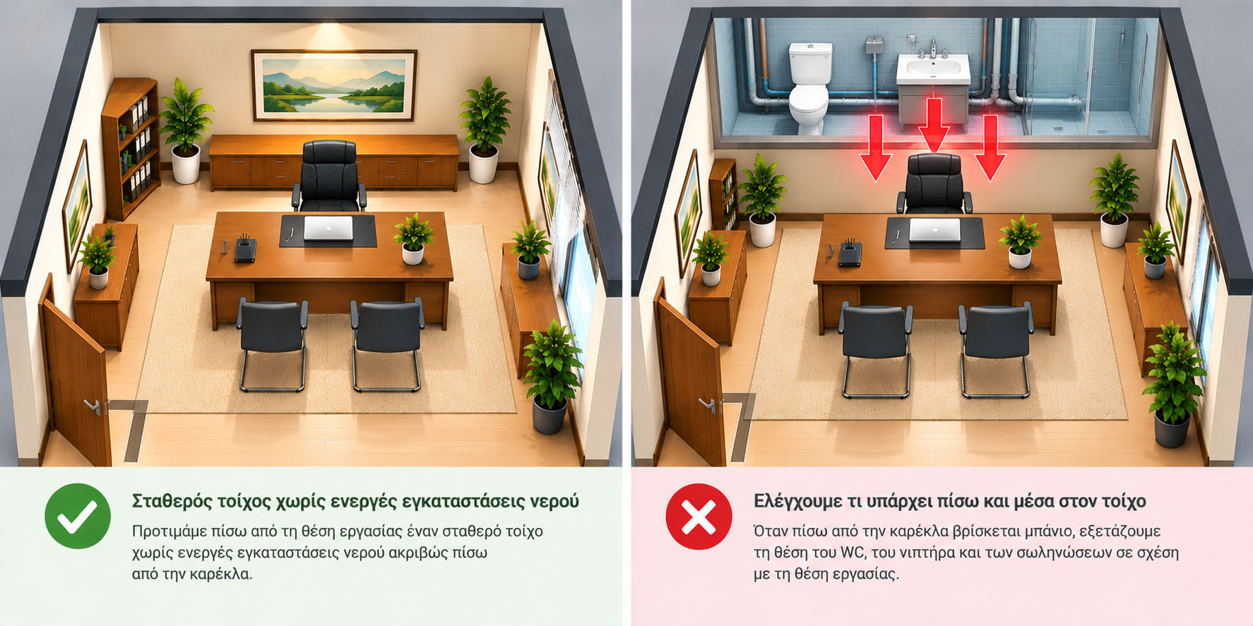 Φενγκ Σούι Γραφείο με σταθερό τοίχο πίσω από την καρέκλα σε σύγκριση με μπάνιο, WC, νιπτήρα και σωληνώσεις πίσω από τη θέση εργασίας