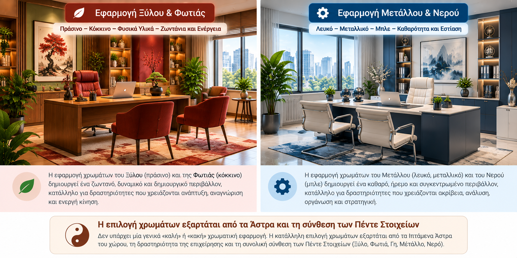 Χρώματα στο Φενγκ Σούι Γραφείο με εφαρμογή Ξύλου και Φωτιάς σε σύγκριση με Μέταλλο και Νερό σύμφωνα με τα Πέντε Στοιχεία