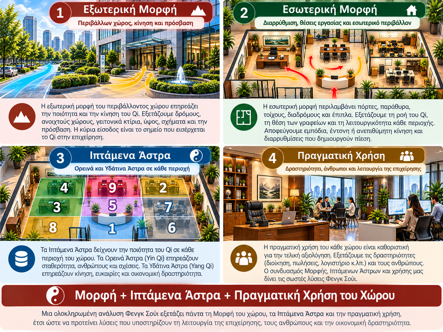 Ολοκληρωμένη ανάλυση Φενγκ Σούι γραφείου με εξωτερική και εσωτερική Μορφή, Ιπτάμενα Άστρα και πραγματική χρήση του επαγγελματικού χώρου