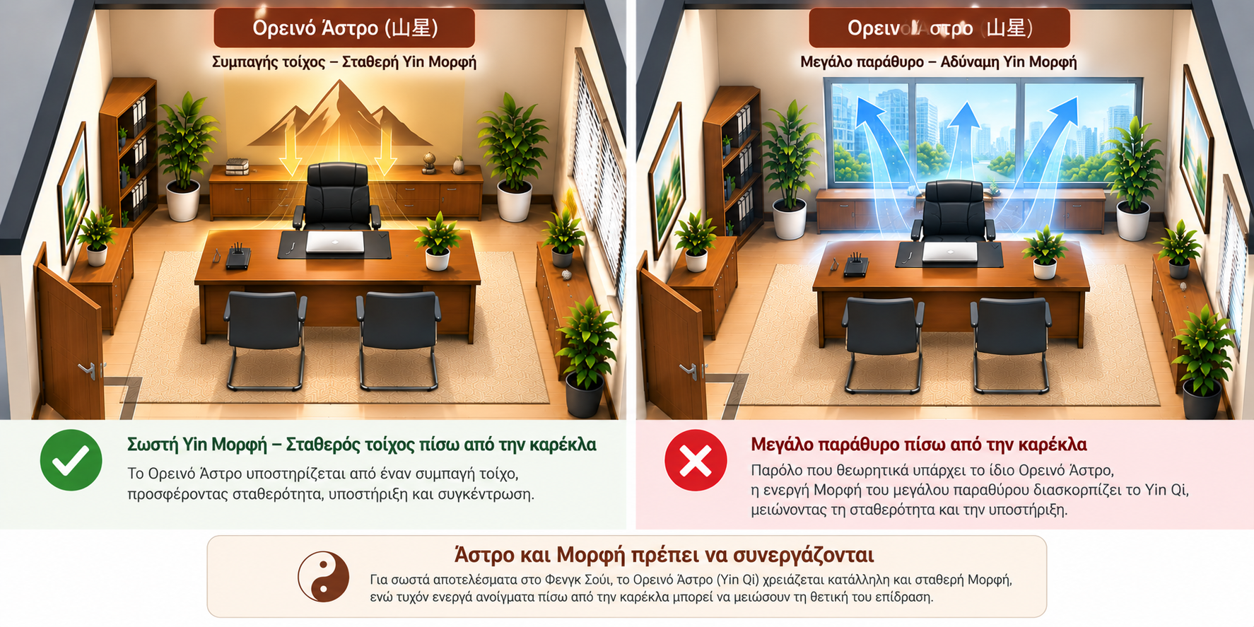Ορεινό Άστρο στο Φενγκ Σούι γραφείου με συμπαγή τοίχο πίσω από την καρέκλα σε σύγκριση με μεγάλο ενεργό παράθυρο στην ίδια θέση