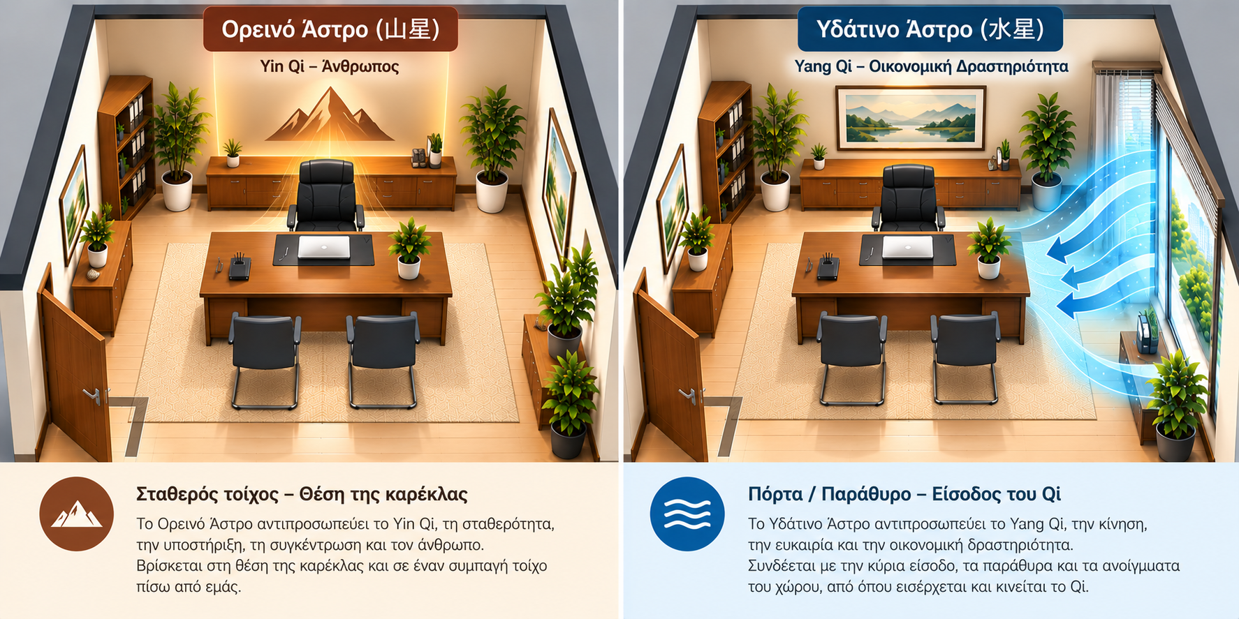 Ορεινό Άστρο και Υδάτινο Άστρο στο Φενγκ Σούι Γραφείο με Yin Qi στη θέση της καρέκλας και Yang Qi από πόρτες και παράθυρα