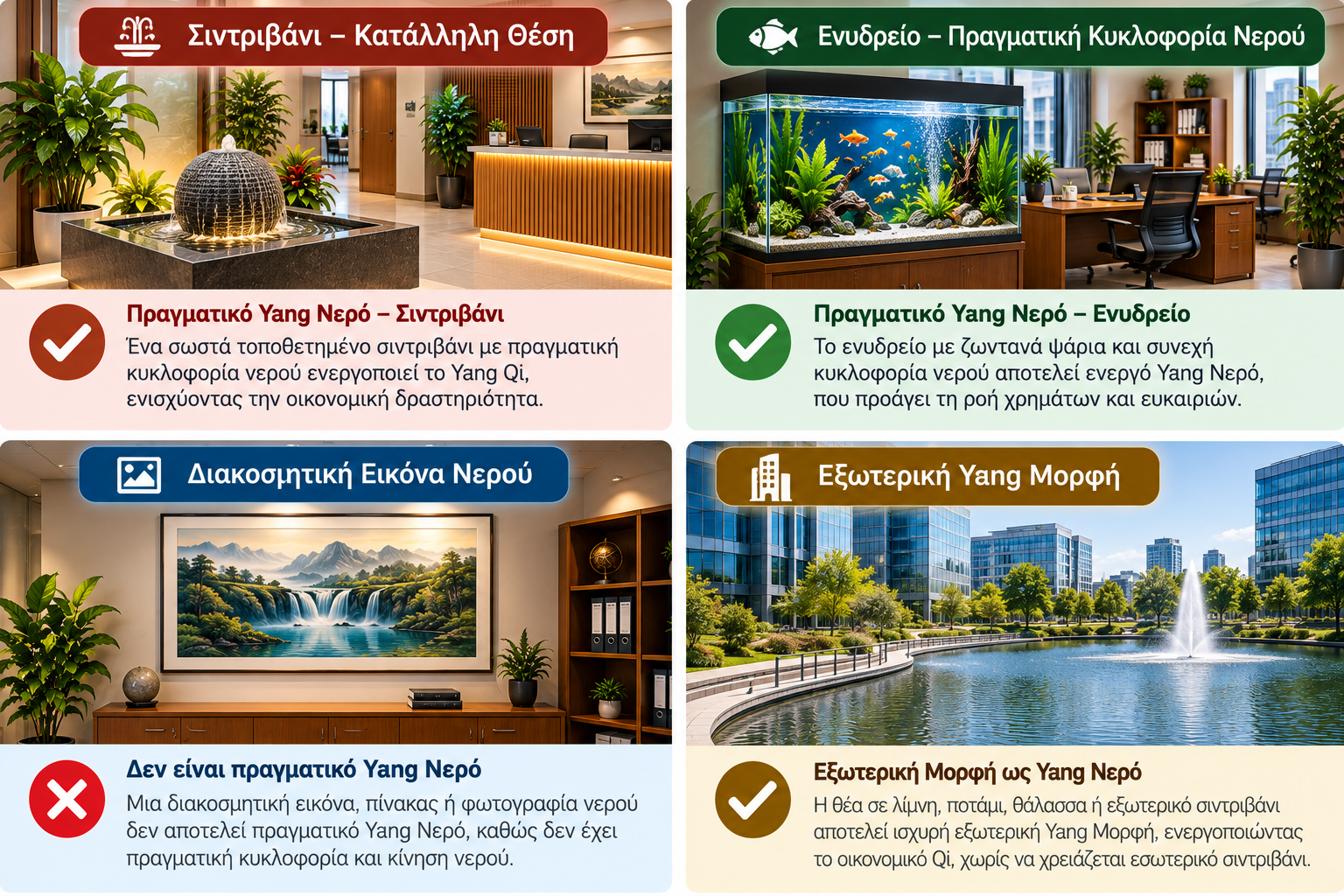 Yang Νερό στο Business Feng Shui με σιντριβάνι, ενυδρείο, διακοσμητική εικόνα νερού και εξωτερική Yang Μορφή