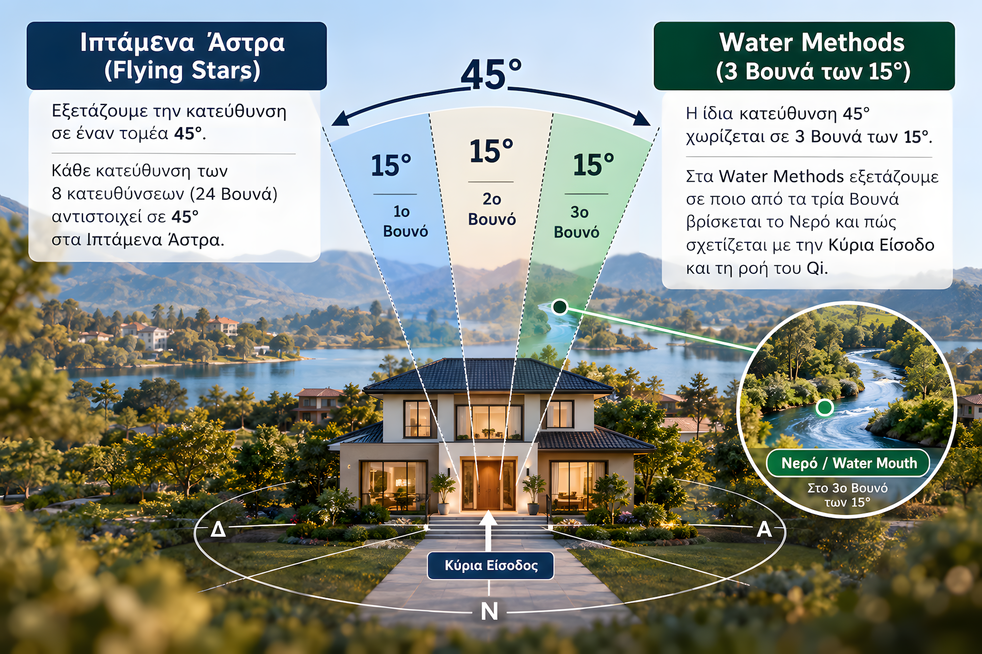 Ιπτάμενα Άστρα και Water Methods - 45° και 3 Βουνά των 15° Ιπτάμενα Άστρα και Water Methods με κατεύθυνση 45° χωρισμένη σε τρία Βουνά των 15°