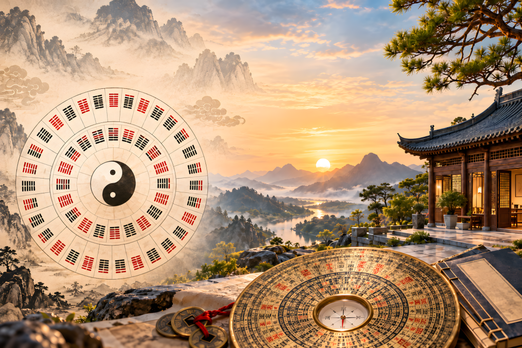 Xuan Kong Da Gua και Blood Link – 64 Εξάγραμμα, πυξίδα Luo Pan και παραδοσιακό κινεζικό τοπίο.