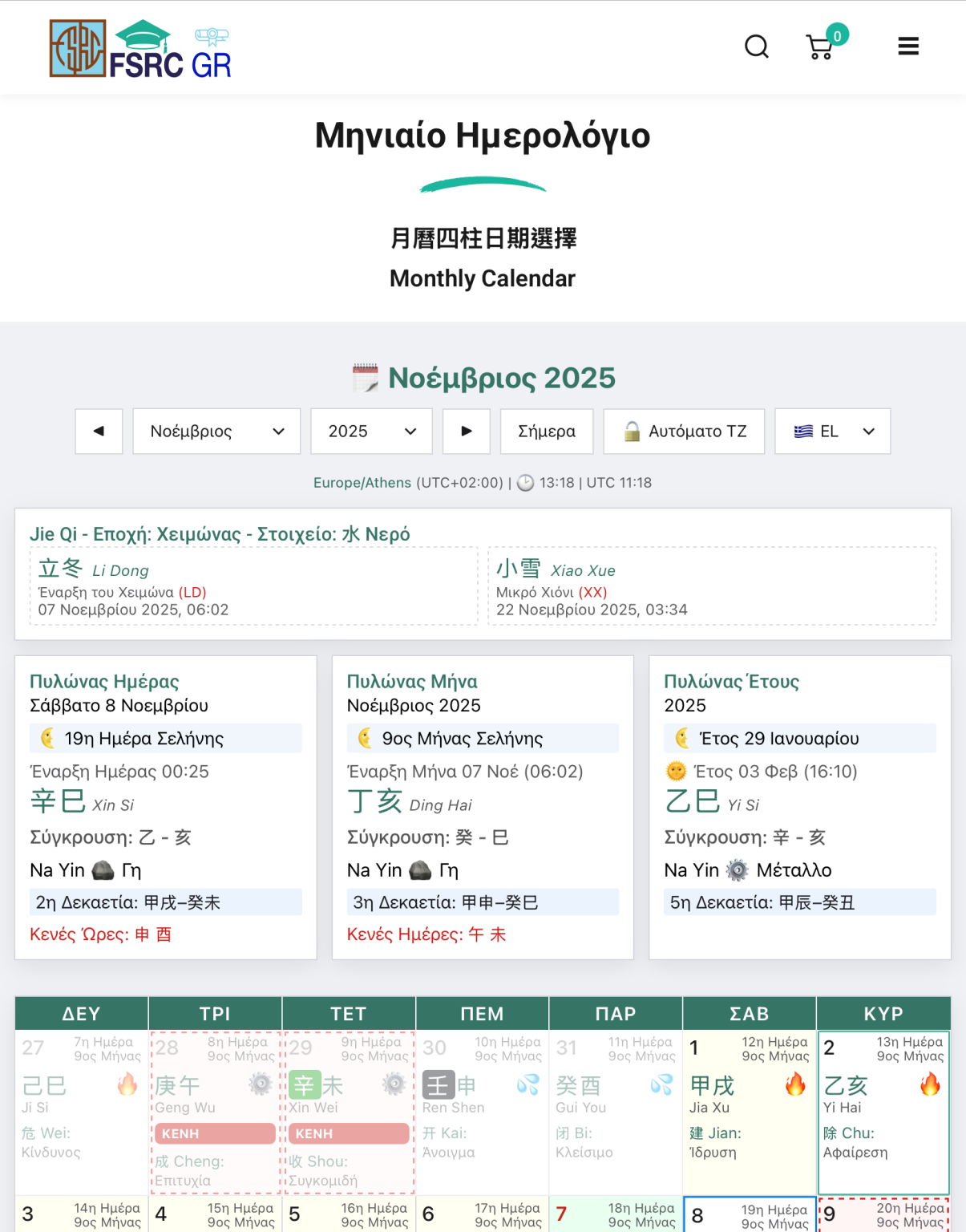 Four Pillars Monthly Calendar